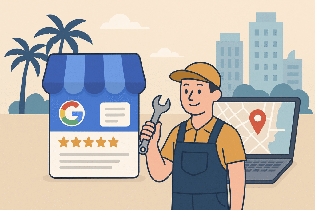 Cartoon plumber next to a google my business page.