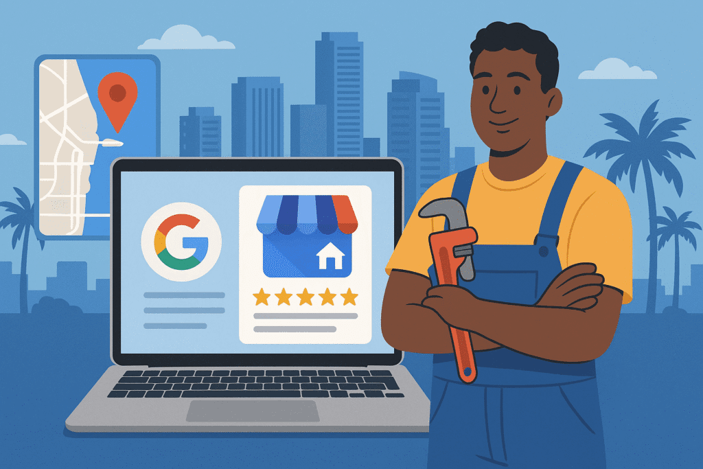 cartoon like image of Google My Business on a laptop with a plumber standing next to it.