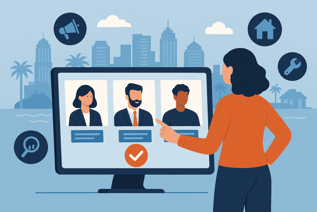 Infographic of a woman searching through agencies to do business with.