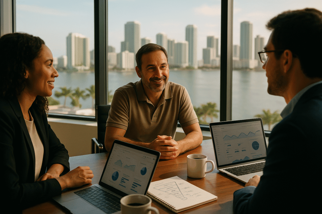 A business meeting between three individuals.