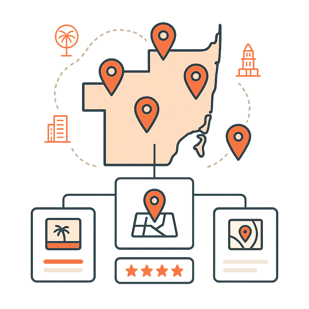 Flat vector infographic of a Miami Dade map with orange location pins connected to three content cards showing local pages, photos, and map embeds. The design illustrates a web design company in Miami Florida building neighborhood-focused websites that highlight authentic service areas and local insights.