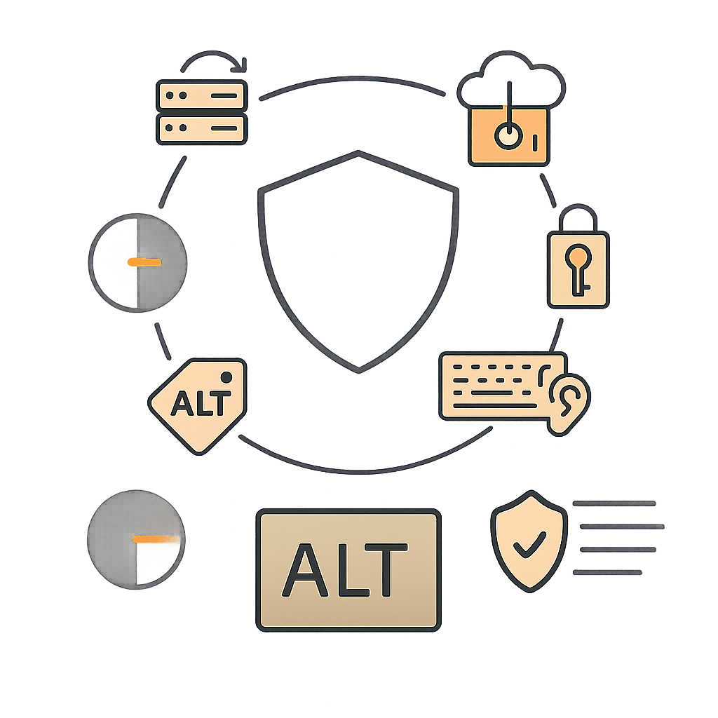Flat vector infographic with a central shield surrounded by icons representing server backups, cloud security, permission control, keyboard accessibility, alt text, and color contrast. The design symbolizes reliable website development Miami services focused on security, accessibility, and post-launch maintenance.