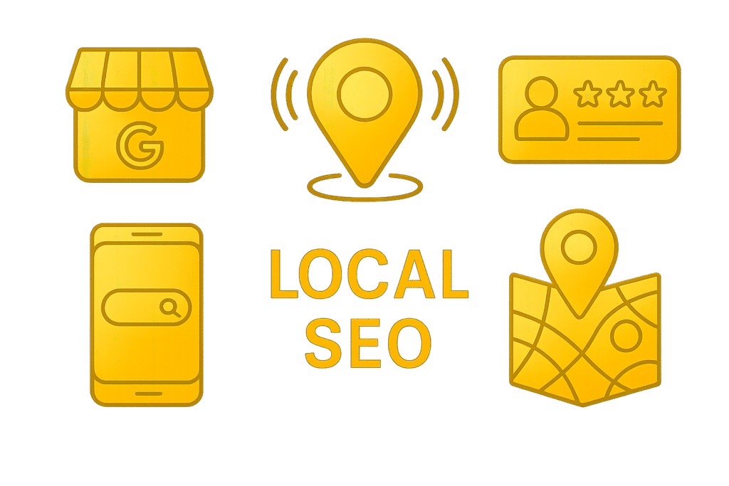 Local SEO illustration featuring Google Business Profile, map pin, customer reviews, mobile search, and location map icons in a yellow theme.