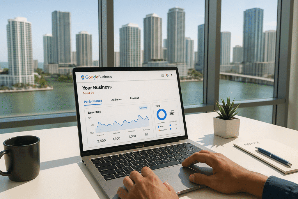 Business owner reviewing Google Business analytics on a laptop inside a Miami high-rise office overlooking the Biscayne Bay skyline.