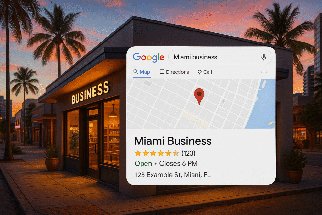 Exterior of a Miami business at sunset with a Google Business Profile panel showing map location, reviews, and operating hours.