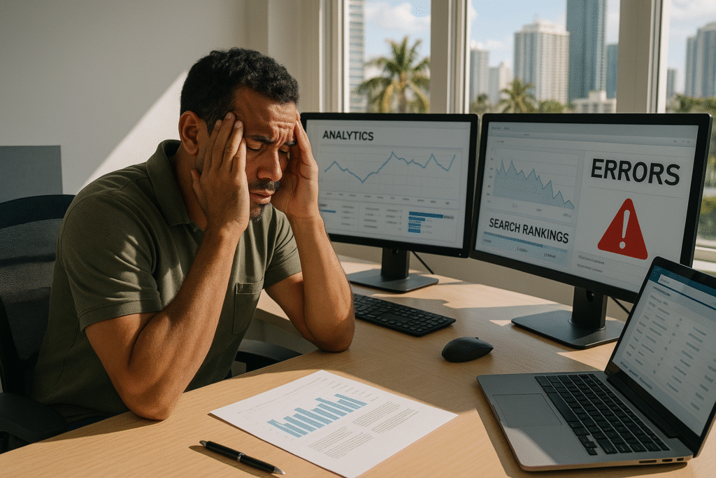 Stressed business owner in Miami looking at multiple monitors displaying search ranking drops, analytics errors, and SEO performance issues, representing DIY marketing frustration.