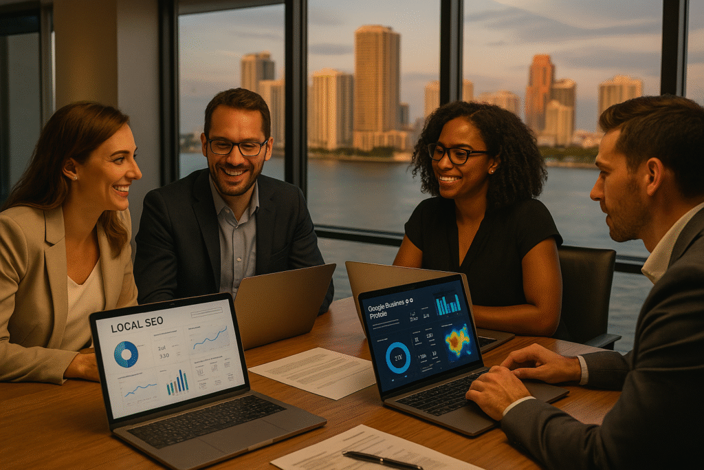 Marketing team meeting in a Miami office reviewing local SEO performance dashboards on laptops, showing analytics charts, Google Business metrics, and collaboration among digital strategists.