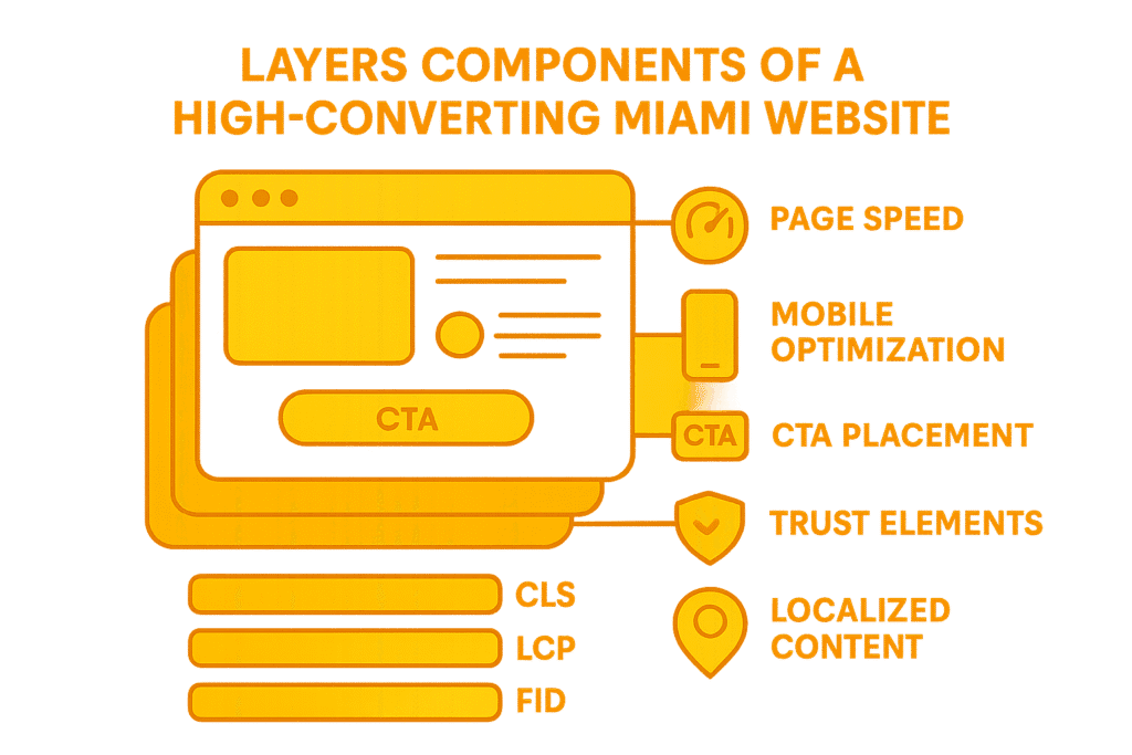 Diagram illustrating the key components of a high-converting Miami website, including page speed, mobile optimization, CTA placement, trust elements, localized content, and Core Web Vitals indicators like CLS, LCP, and FID.