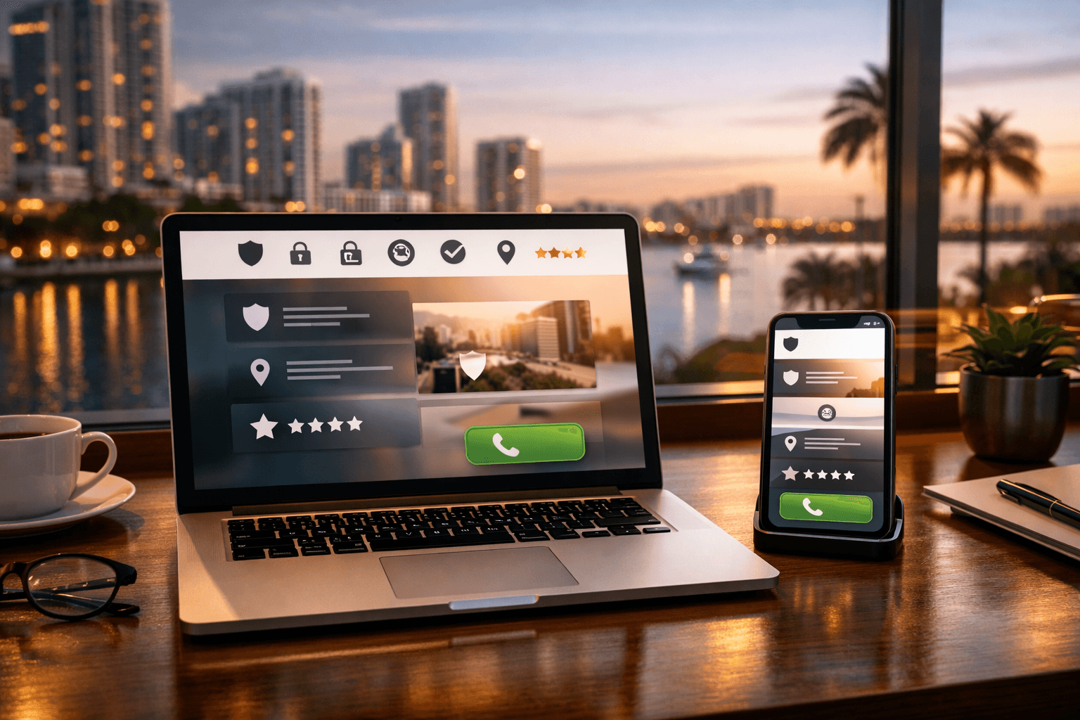 Laptop and smartphone showing a secure WordPress website interface with trust icons on a desk overlooking the Miami skyline at sunset