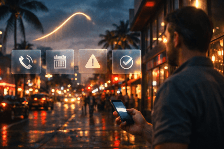 Business owner on a rainy Miami street at dusk viewing floating call, calendar, warning, and verification icons with a glowing performance curve in the sky