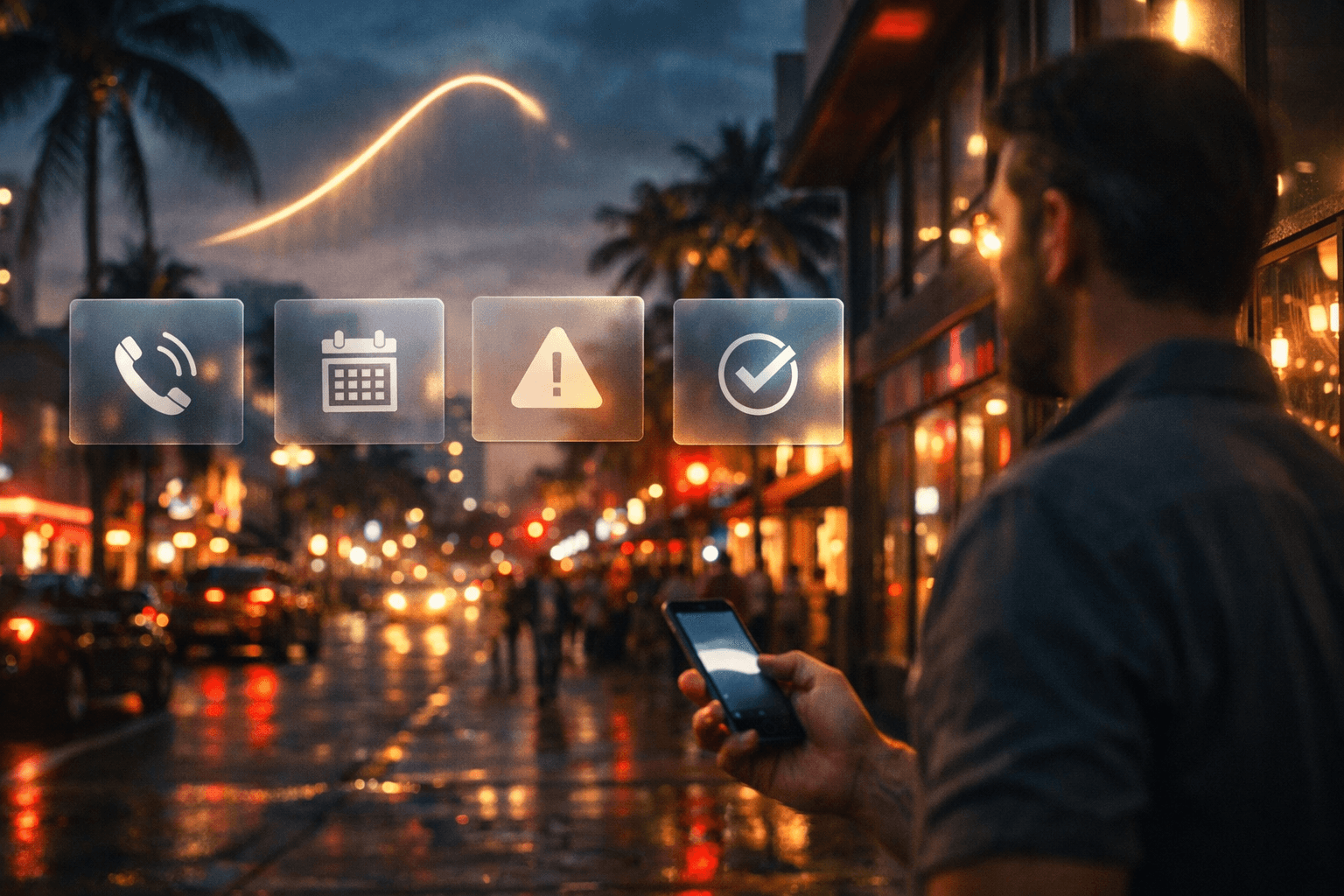 Business owner on a rainy Miami street at dusk viewing floating call, calendar, warning, and verification icons with a glowing performance curve in the sky
