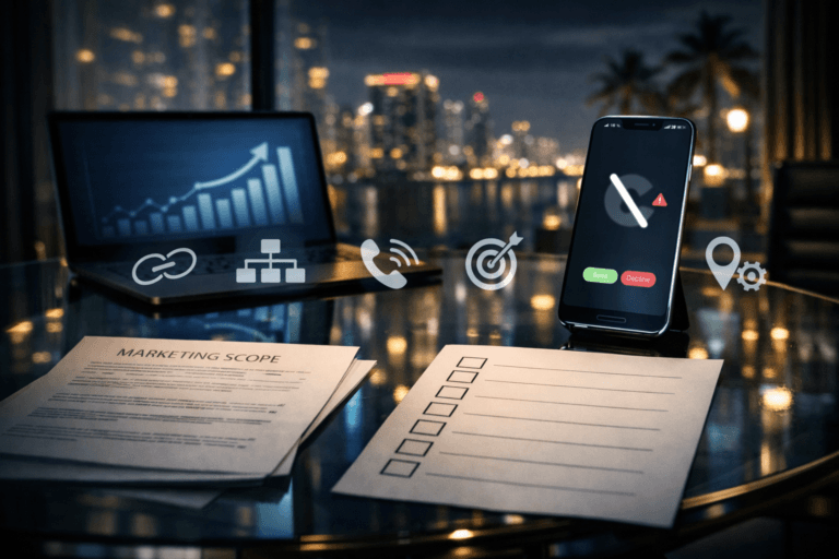 Two monitor marketing dashboard showing rising visibility metrics and a separate call log with mixed lead quality, feeding into a funnel that drops leads through tracking gaps