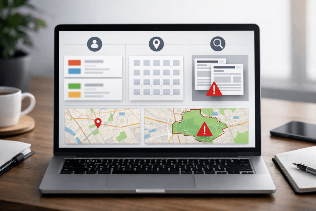 Aerial sunrise view of the Miami coastline with location pins and a Google Business Profile style card overlay, showing local visibility signals and a stalled progress bar