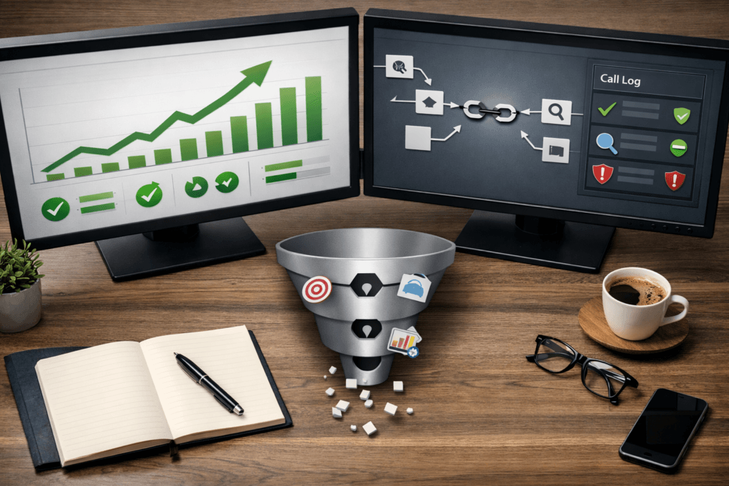 Two monitor marketing dashboard showing rising visibility metrics and a separate call log with mixed lead quality, feeding into a funnel that drops leads through tracking gaps
