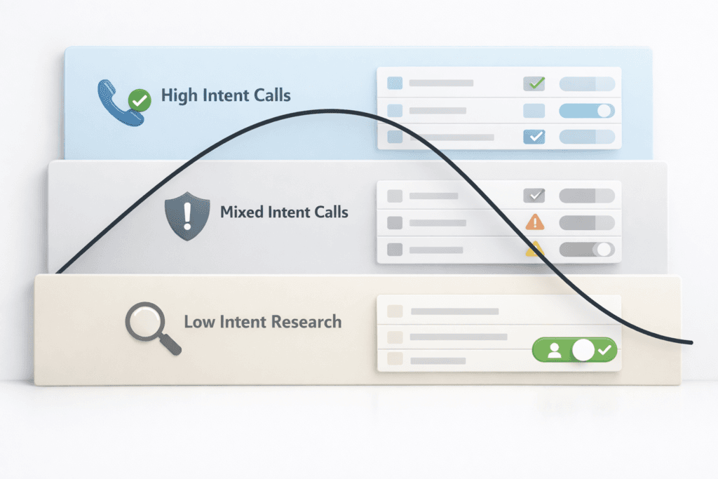 Infographic showing the PPC curve across high intent calls, mixed intent calls, and low intent research, with a performance line rising then declining