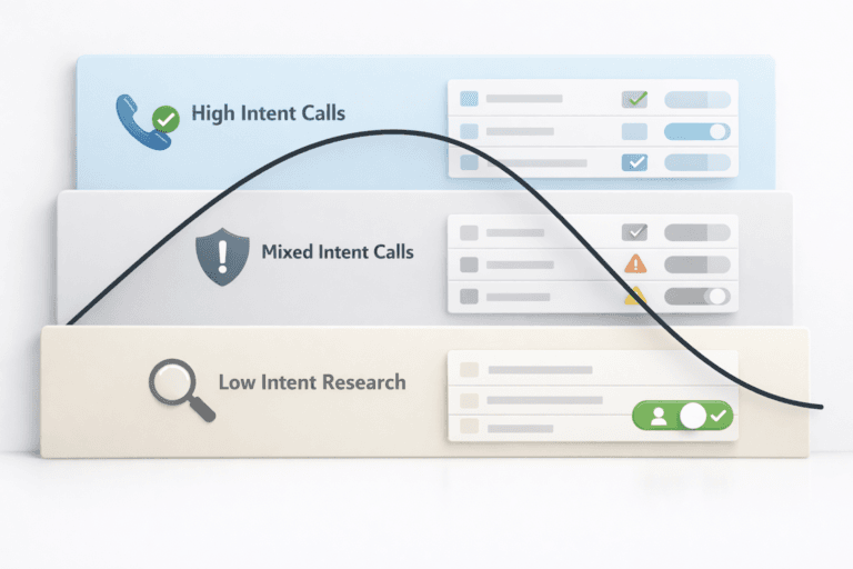 Infographic showing the PPC curve across high intent calls, mixed intent calls, and low intent research, with a performance line rising then declining