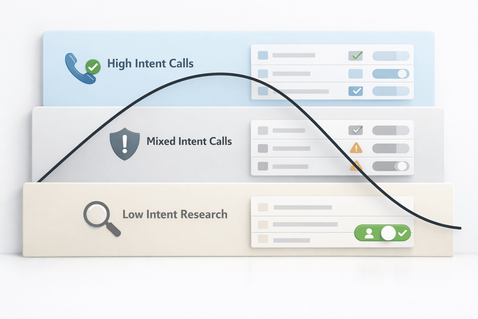Infographic showing the PPC curve across high intent calls, mixed intent calls, and low intent research, with a performance line rising then declining