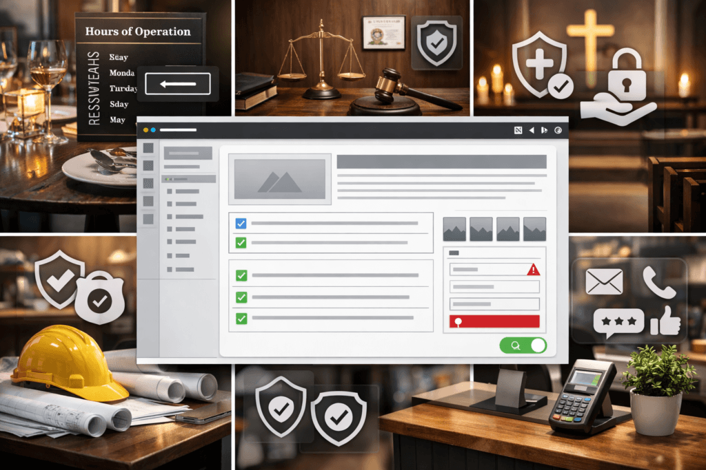 WordPress website builder screen surrounded by restaurant, law firm, church, construction, and small business scenes with trust, accessibility, and privacy icons