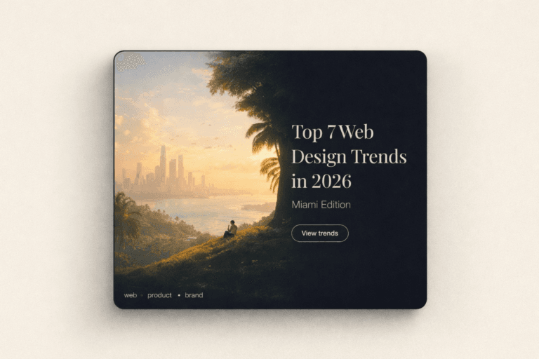 Rounded card graphic showing a Miami skyline at sunrise with the headline 'Top 7 Web Design Trends in 2026’.\'