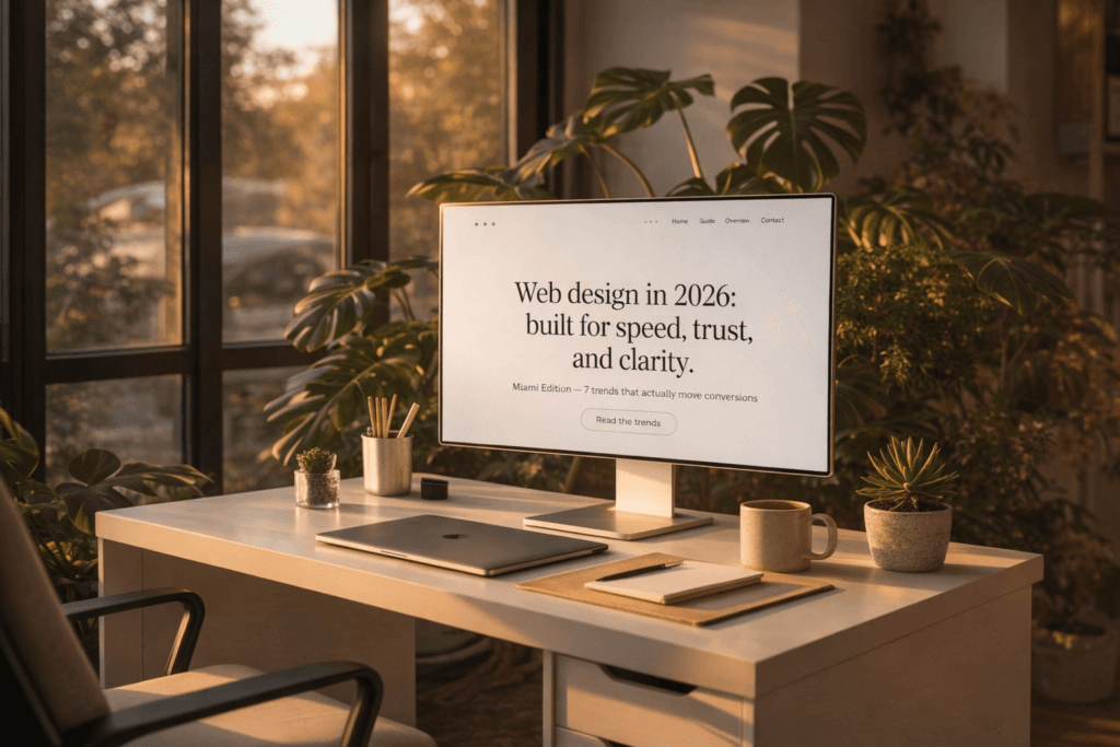 Sunlit workspace with plants and a monitor displaying ‘Web design in 2026: built for speed, trust, and clarity.’