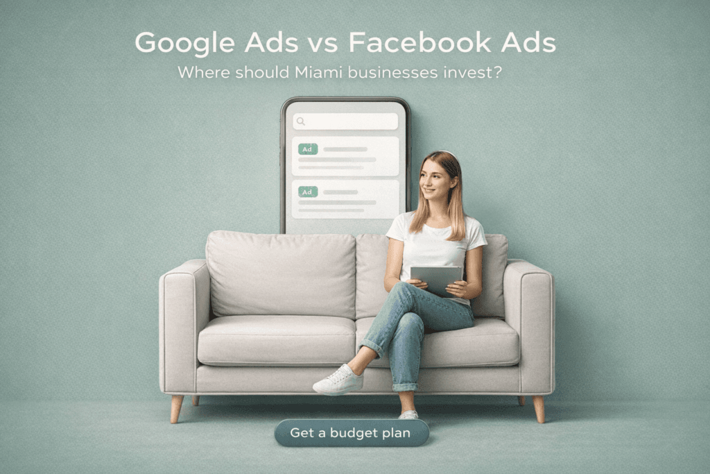 Minimal poster showing a person on a couch with a phone-style ad interface and the headline ‘Google Ads vs Facebook Ads.’