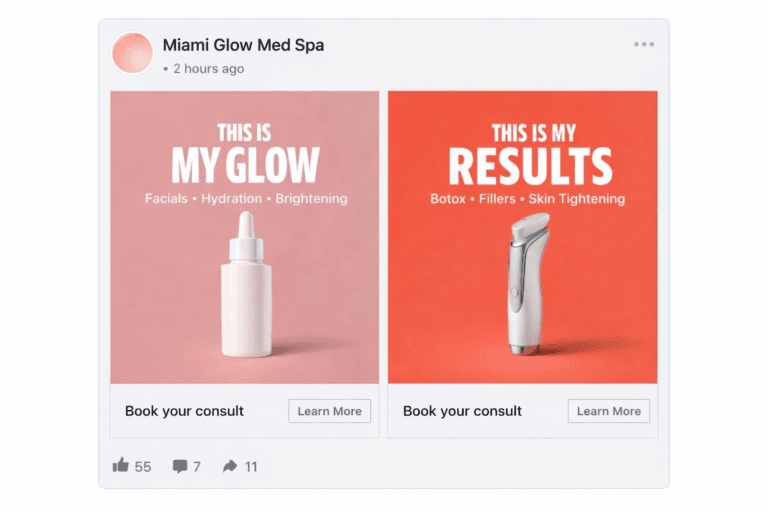 Two-panel carousel ad mockup for a Miami med spa featuring a skincare bottle and device with ‘This is my glow’ and ‘This is my results.’