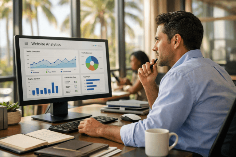 Business professional reviewing website analytics and traffic reports on a desktop monitor in a Miami office.