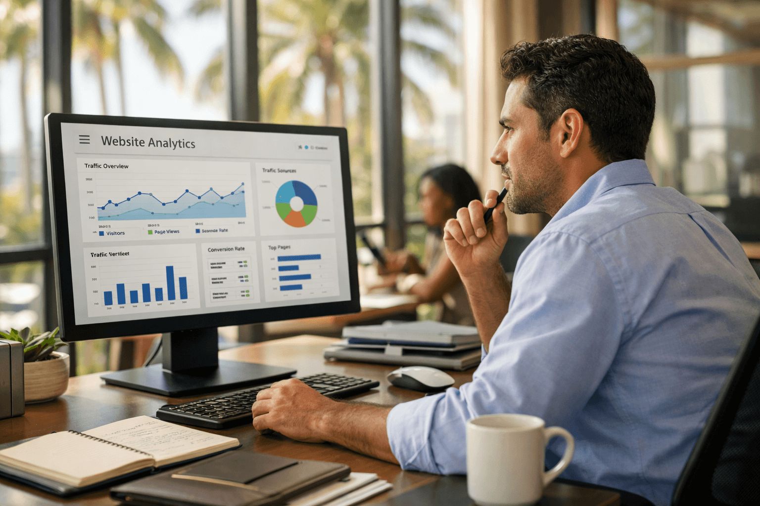 Business professional reviewing website analytics and traffic reports on a desktop monitor in a Miami office.