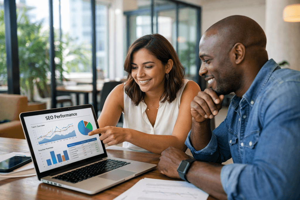 Two marketing professionals analyzing SEO performance data together on a laptop during a strategy meeting.