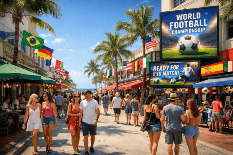 Busy Miami beachfront shopping and dining street with international flags and digital advertising displays.