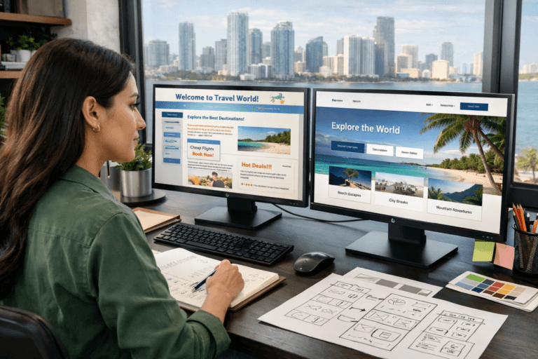 Website designer planning homepage layout and wireframes on dual monitors with Miami skyline view.