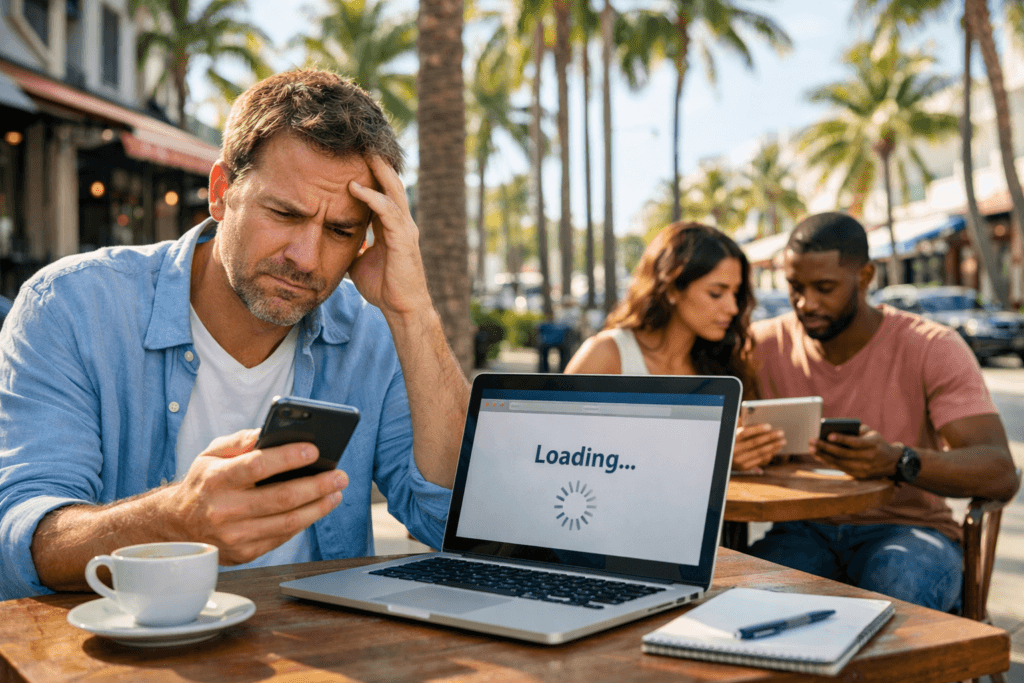 Frustrated business owner experiencing slow website load time on laptop at an outdoor Miami café.
