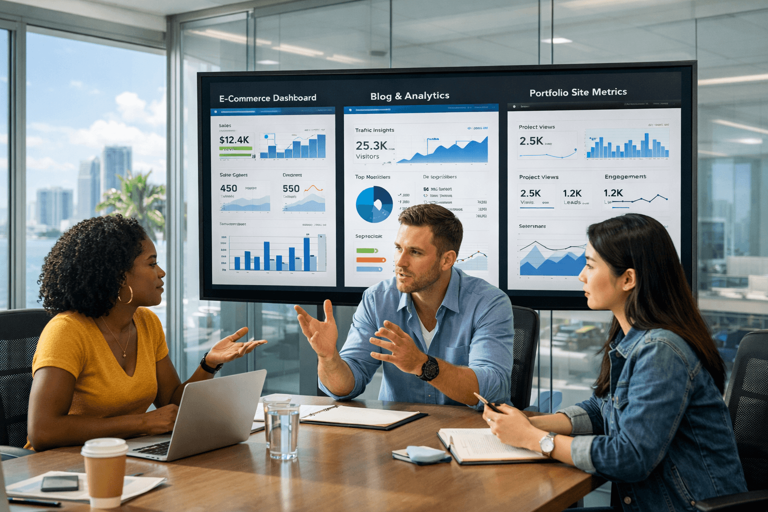 Digital marketing team discussing campaign analytics and performance dashboards in a conference room.