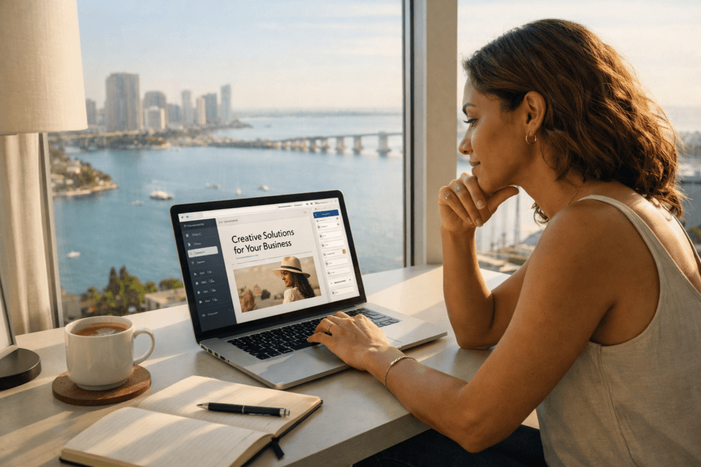 Entrepreneur reviewing website design and branding strategy on laptop overlooking Biscayne Bay.