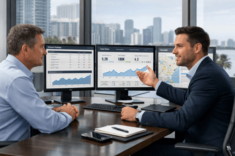 Miami SEO consultant reviewing keyword rankings, traffic data, and local search performance with a business owner in a modern office