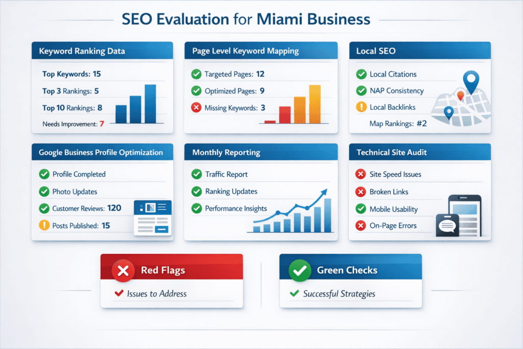 SEO evaluation infographic for a Miami business showing keyword rankings, local SEO, Google Business Profile optimization, monthly reporting, and technical site audit