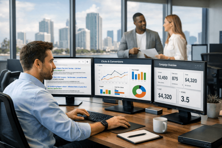 Digital marketer managing Google paid search campaigns with screens showing clicks, conversions, budget, and campaign performance data