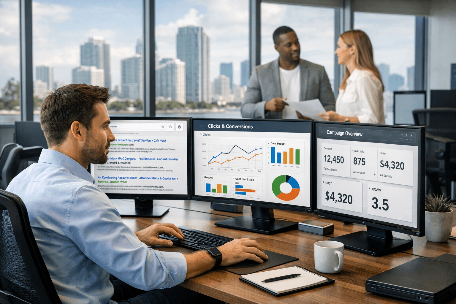 Digital marketer managing Google paid search campaigns with screens showing clicks, conversions, budget, and campaign performance data