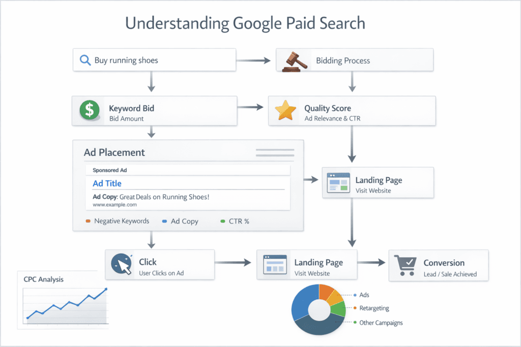 Google paid search infographic showing the process from keyword bidding and Quality Score to ad placement, landing page, click, and conversion