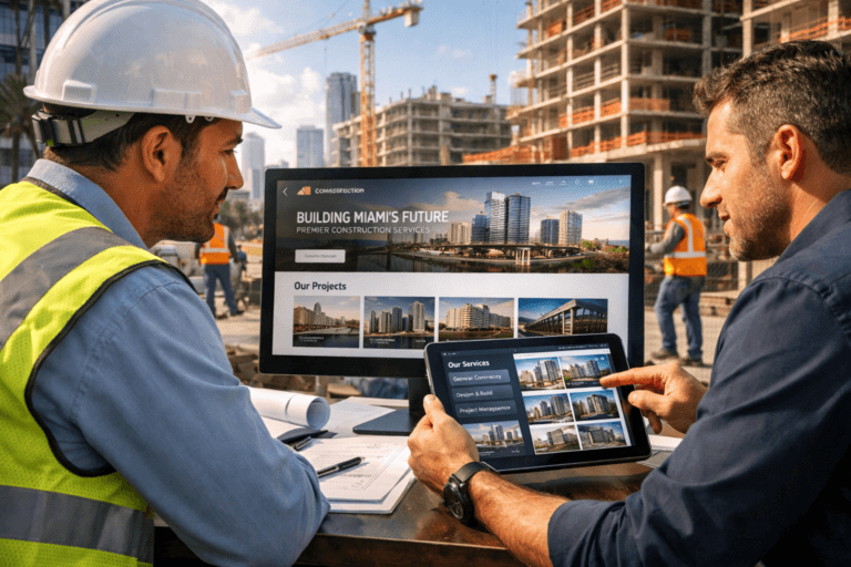 Construction professionals reviewing a modern contractor website design on desktop and tablet at an active Miami job site
