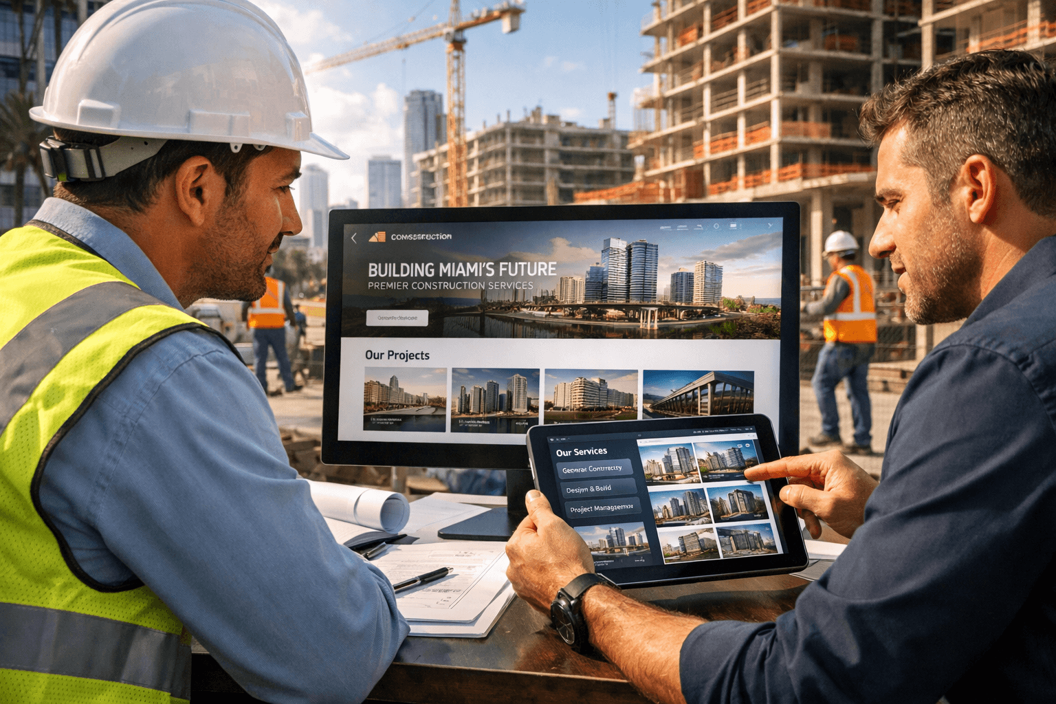 Construction professionals reviewing a modern contractor website design on desktop and tablet at an active Miami job site