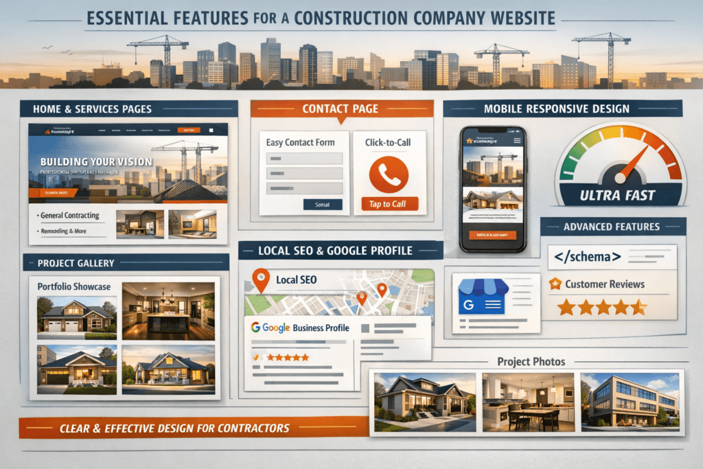 Construction company website infographic showing service pages, contact form, mobile responsive design, local SEO, project gallery, and customer reviews