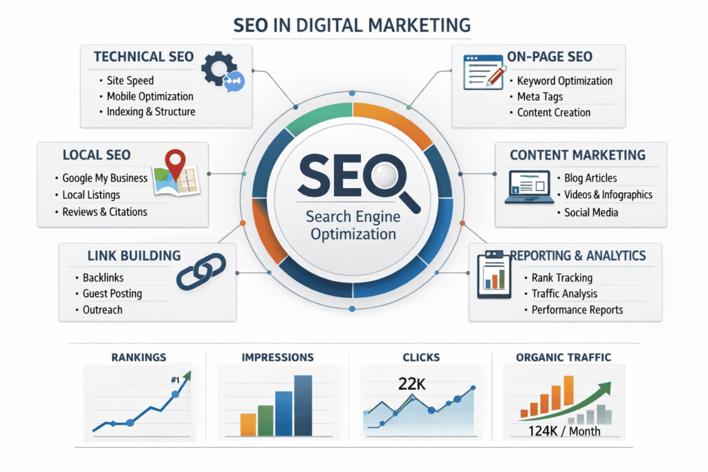SEO in digital marketing infographic showing technical SEO, on-page SEO, local SEO, content marketing, link building, and reporting analytics