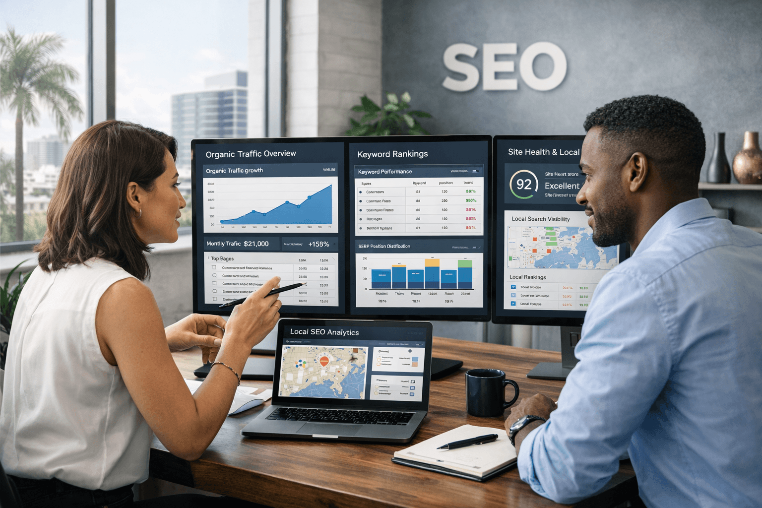 SEO strategy meeting with professionals reviewing organic traffic, keyword rankings, site health, and local SEO analytics in a modern office