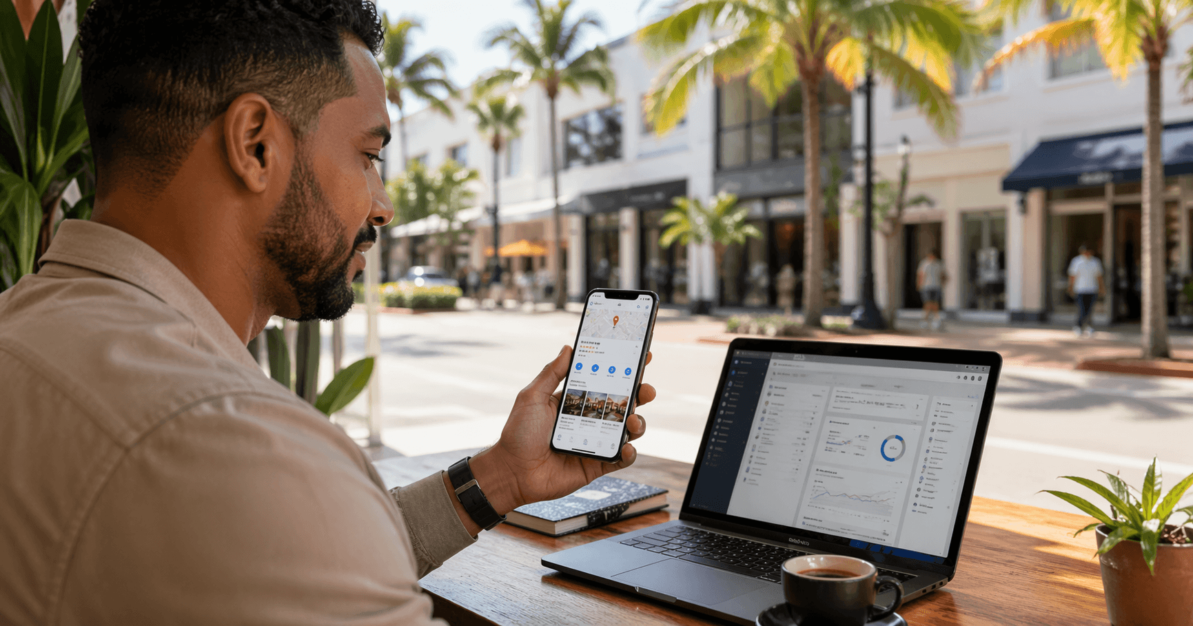 Business owner reviewing a Google Business Profile on a smartphone while working on a laptop at an outdoor café in a sunny Miami style setting with palm trees and storefronts in the background.