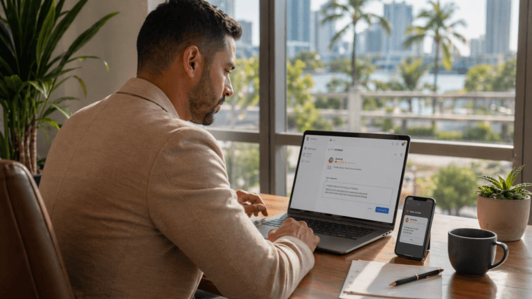 Business owner in a Miami office calmly responding to a negative online review on a laptop, with a review alert visible on a smartphone and palm trees and skyline in the background.