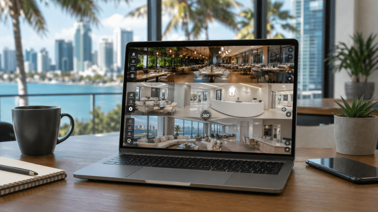 Laptop displaying a virtual tour interface for a Miami restaurant, medical office, and luxury real estate interior, with palm trees and waterfront skyline visible through the windows in the background.