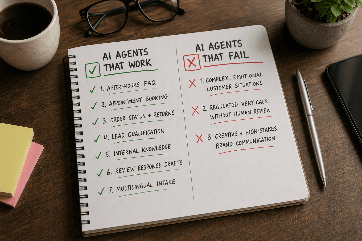 Notebook on a desk listing seven AI agent use cases that work and three situations where AI agents fail, with green check marks and red X marks beside each category.