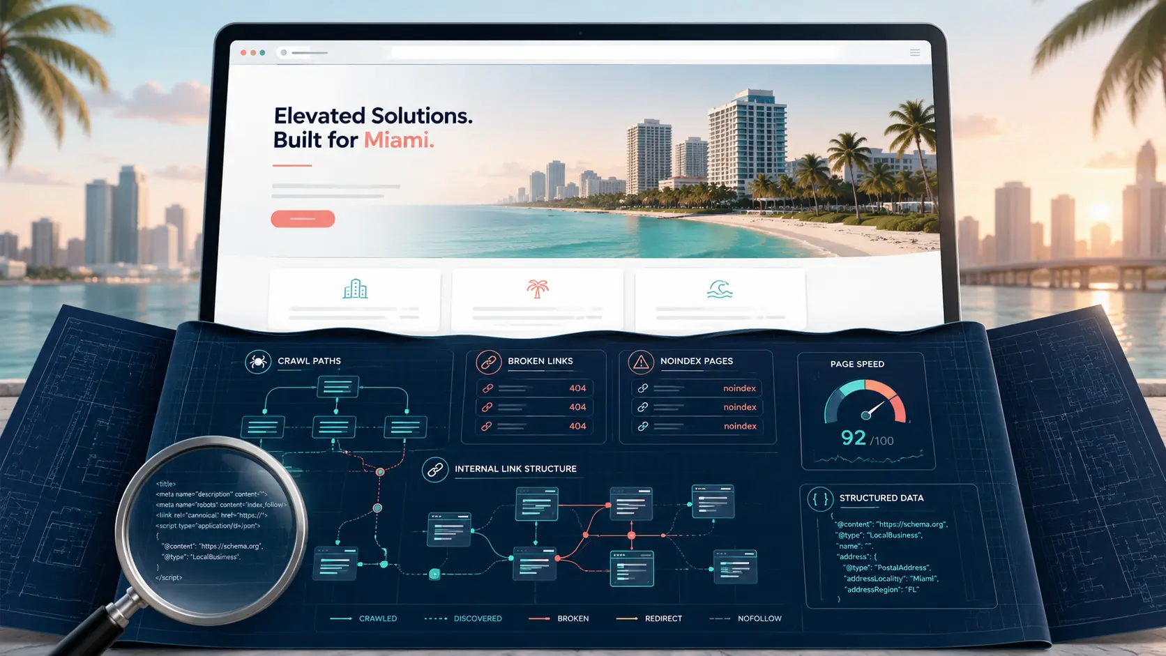 Technical SEO audit concept showing a Miami business website with hidden crawl paths, broken links, noindex issues, page speed, and structured data.