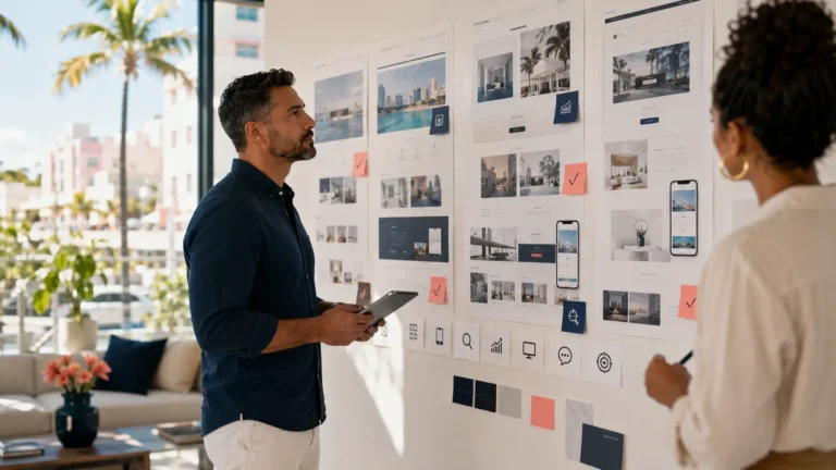 Miami business owner reviewing website design concepts with an agency strategist to compare mobile design, SEO readiness, and conversion structure.